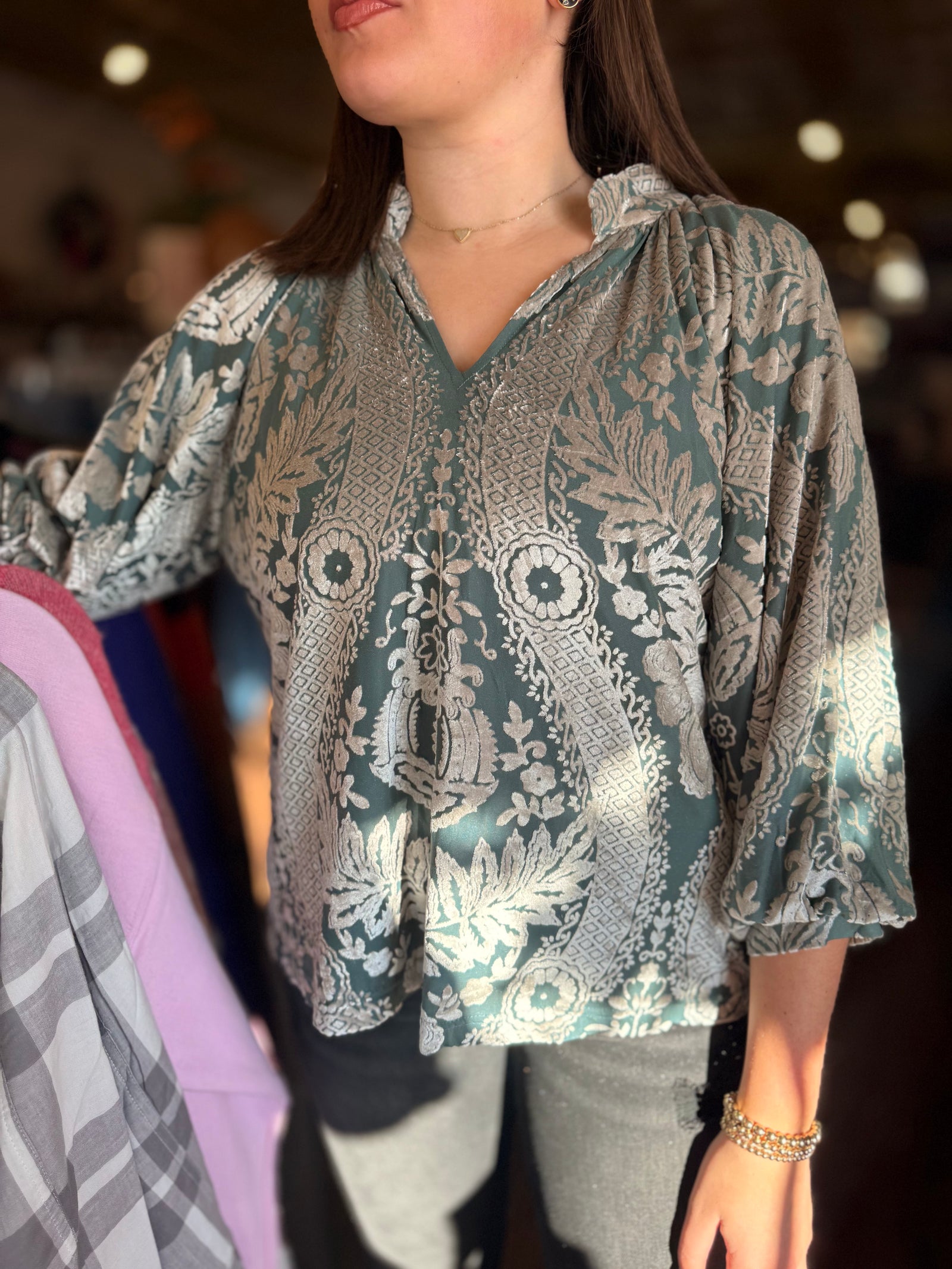 Umgee Sage Velvet Split Neck Top