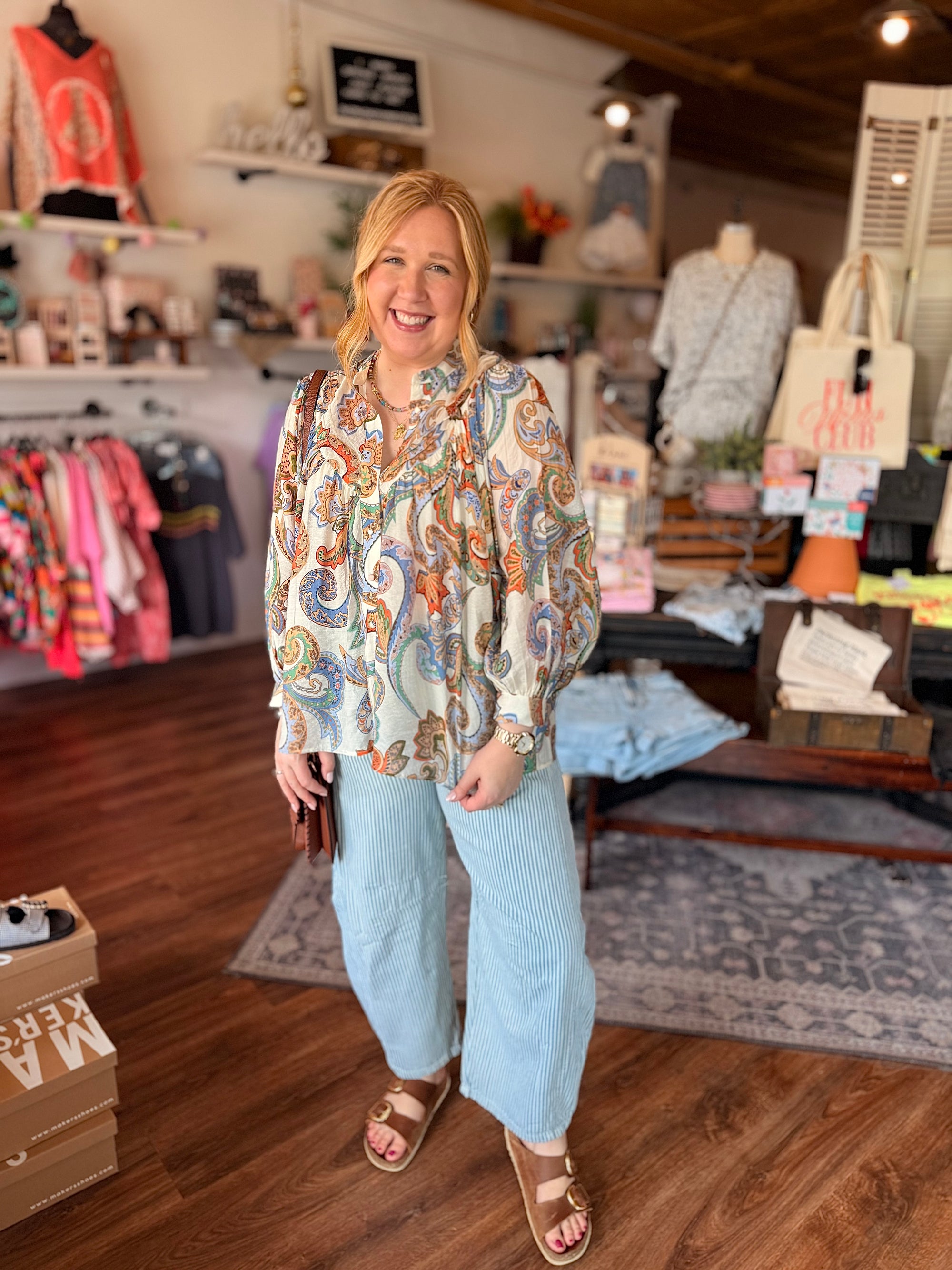 Ivory Paisley Print Bubble Sleeve Blouse