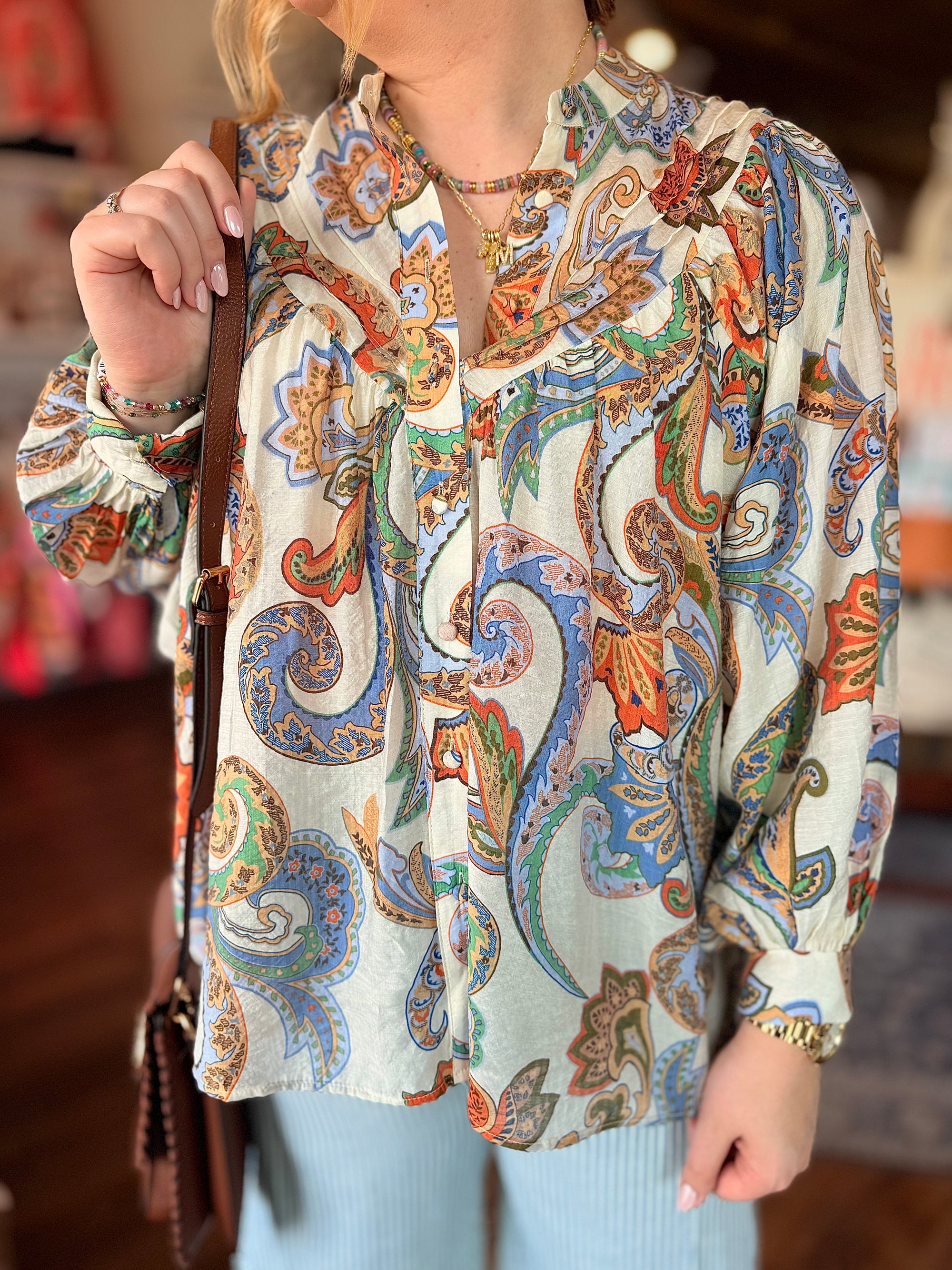 Ivory Paisley Print Bubble Sleeve Blouse