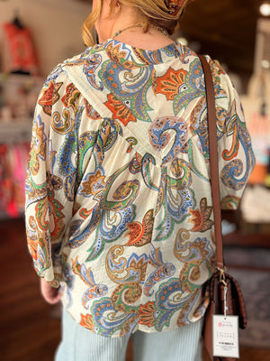 Ivory Paisley Print Bubble Sleeve Blouse
