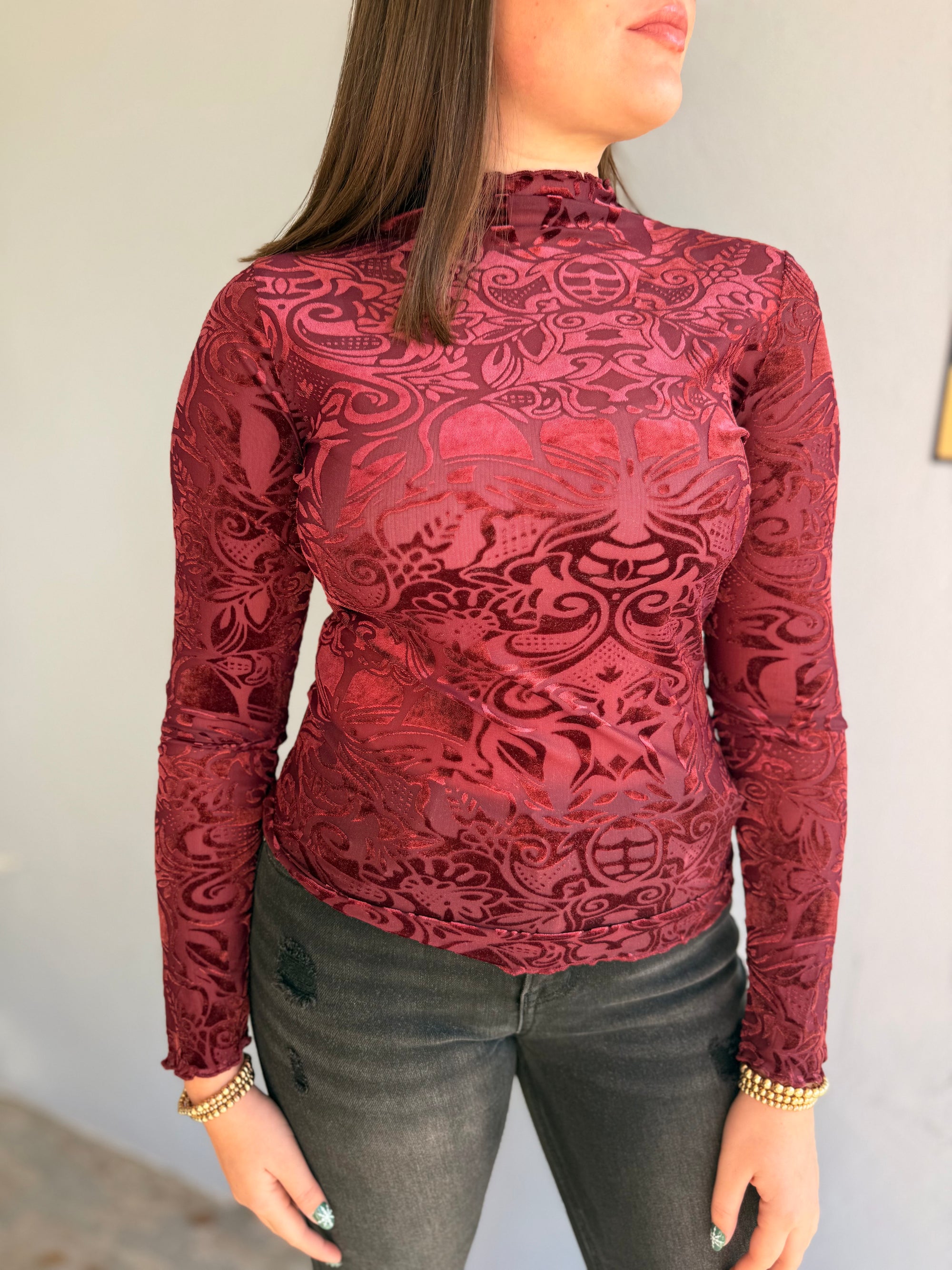 Wine Velvet Burnout Mock Neck Layering Top