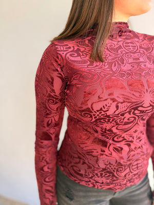 Wine Velvet Burnout Mock Neck Layering Top