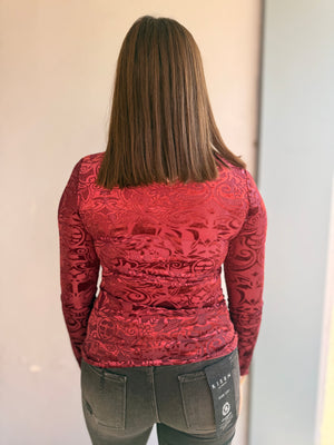 Wine Velvet Burnout Mock Neck Layering Top