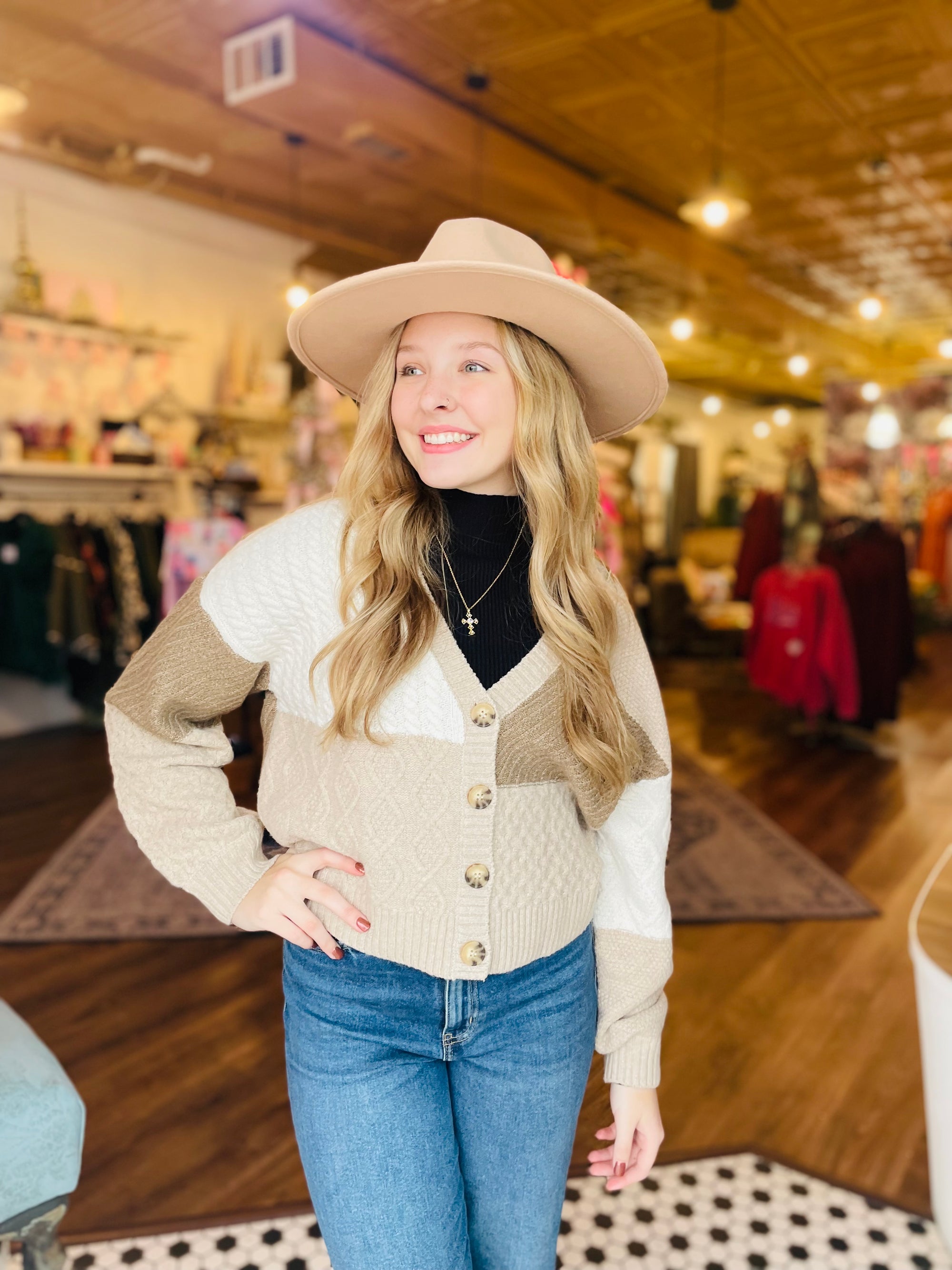 Taupe Patchwork Cableknit Cropped Cardigan