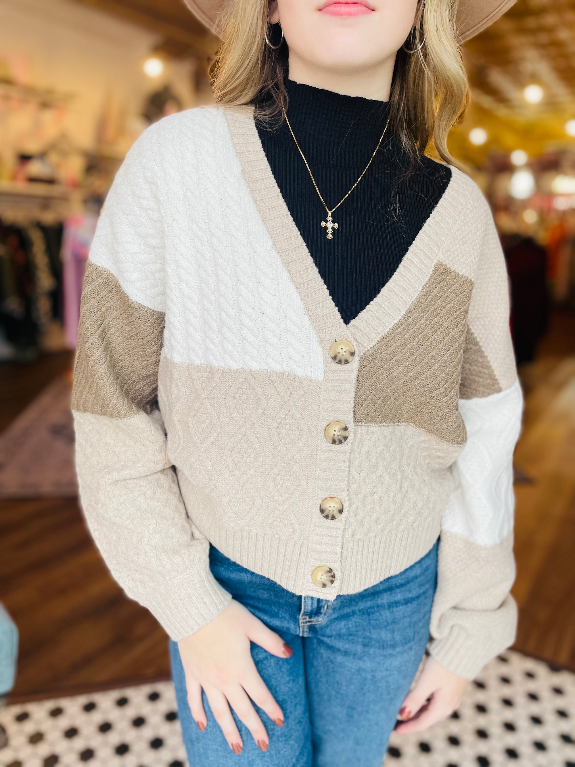 Taupe Patchwork Cableknit Cropped Cardigan