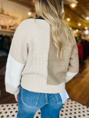 Taupe Patchwork Cableknit Cropped Cardigan