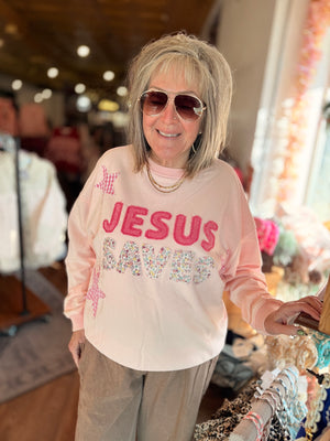 Icy Pink Jesus Saves Patchwork Crewneck Top