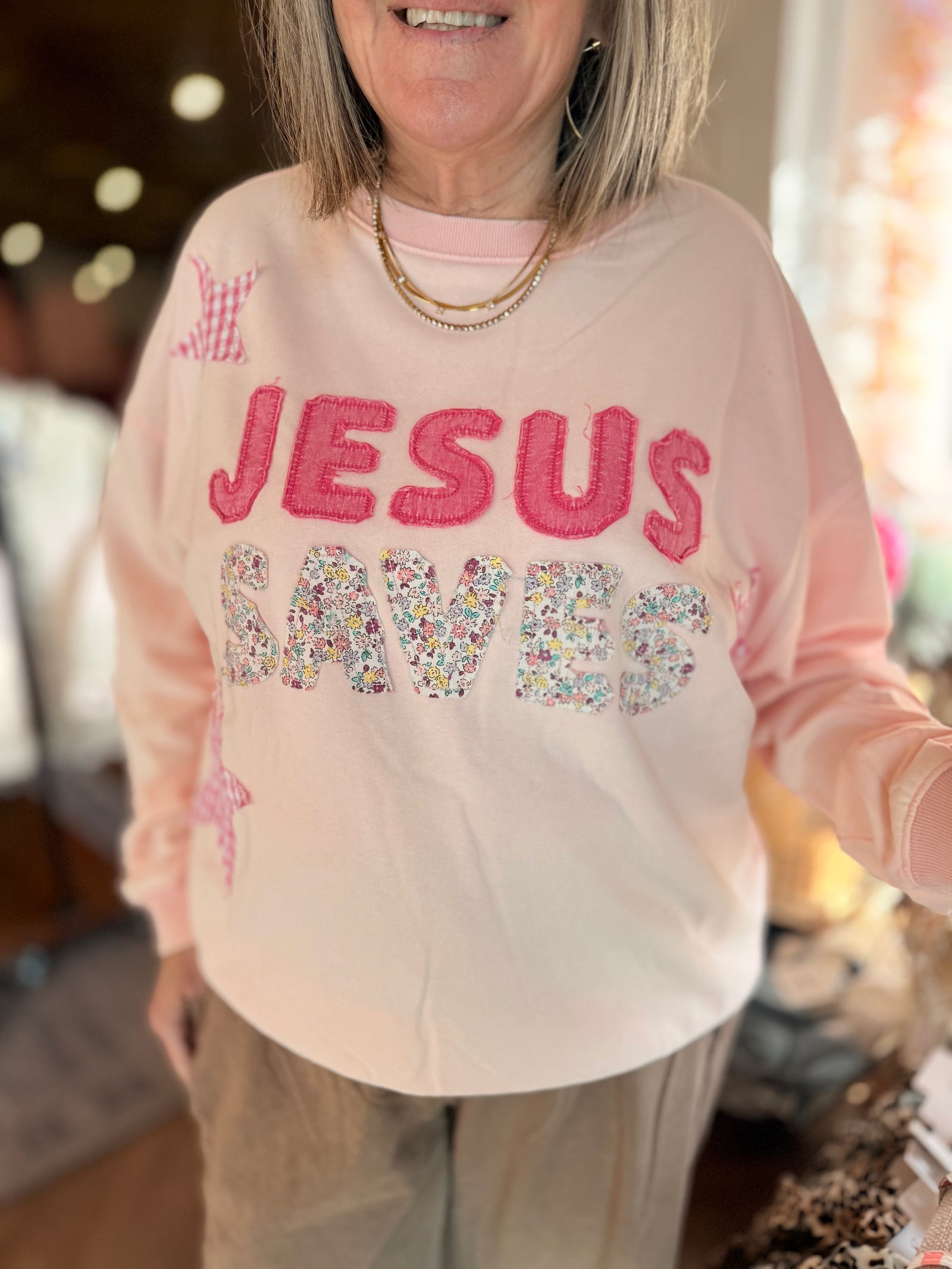 Icy Pink Jesus Saves Patchwork Crewneck Top