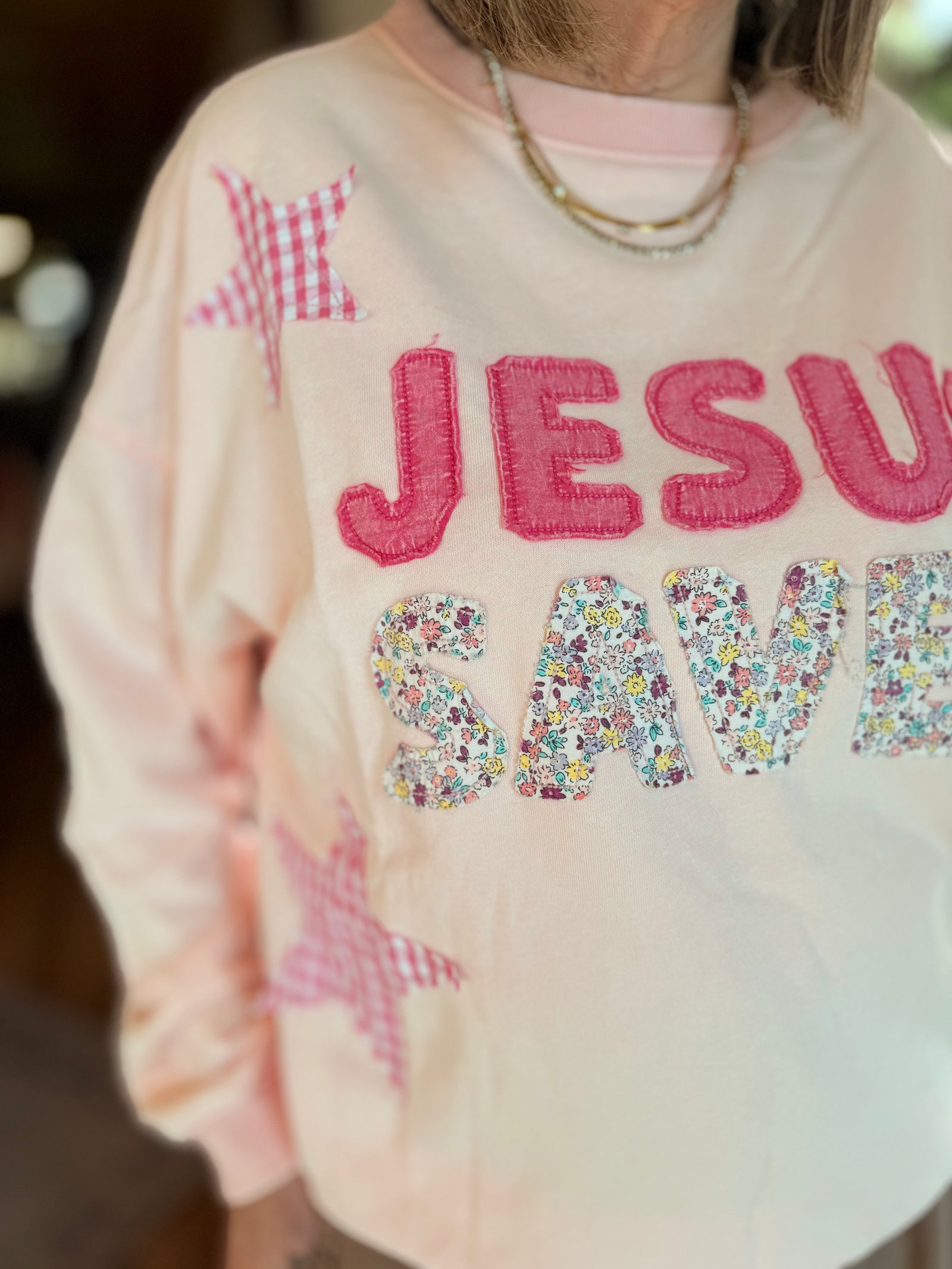 Icy Pink Jesus Saves Patchwork Crewneck Top