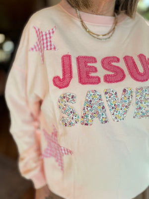 Icy Pink Jesus Saves Patchwork Crewneck Top