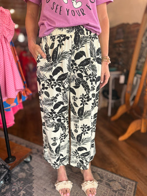 Black Tropical Print Wide Leg Pant