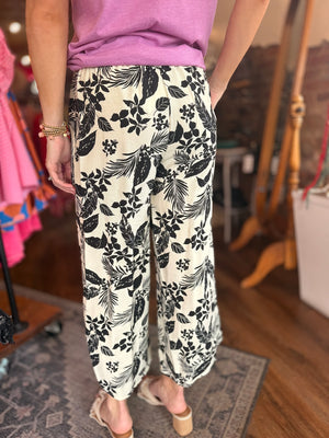 Black Tropical Print Wide Leg Pant
