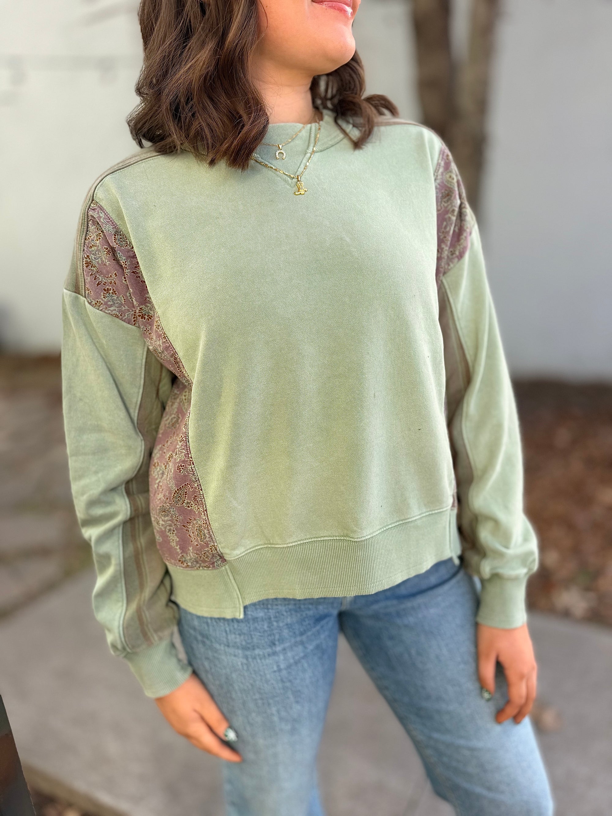 Sage Mixed Patchwork Mineral Crewneck