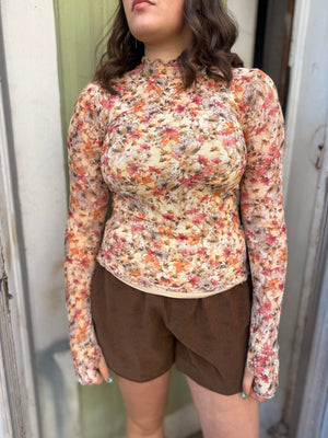 Taupe Mesh Layering Top w/ Warm Florals