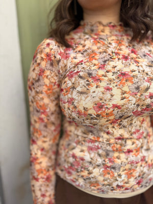Taupe Mesh Layering Top w/ Warm Florals