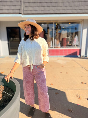 Pink Paisley Print Tie Waist Barrel Pants