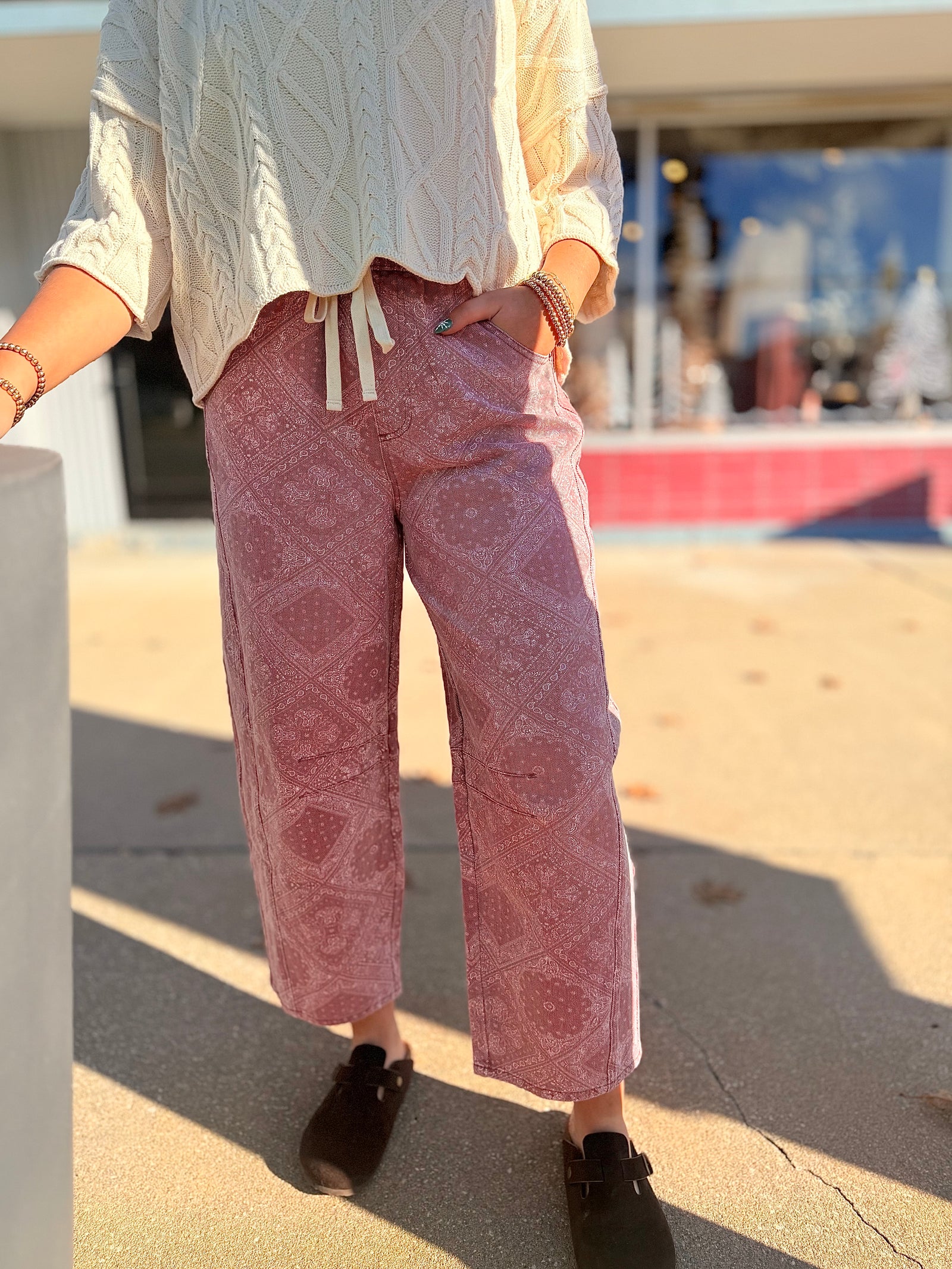 Pink Paisley Print Tie Waist Barrel Pants