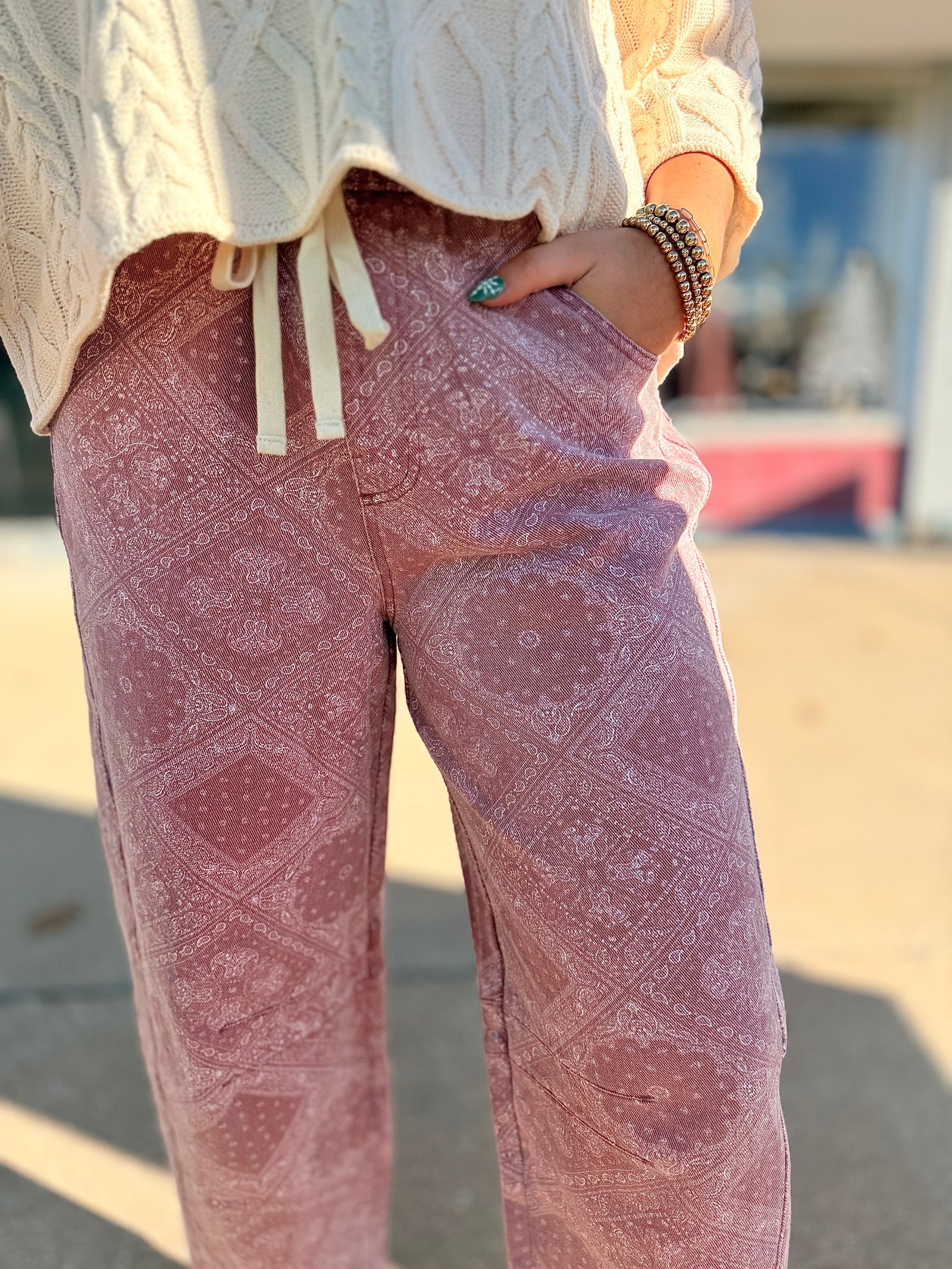 Pink Paisley Print Tie Waist Barrel Pants