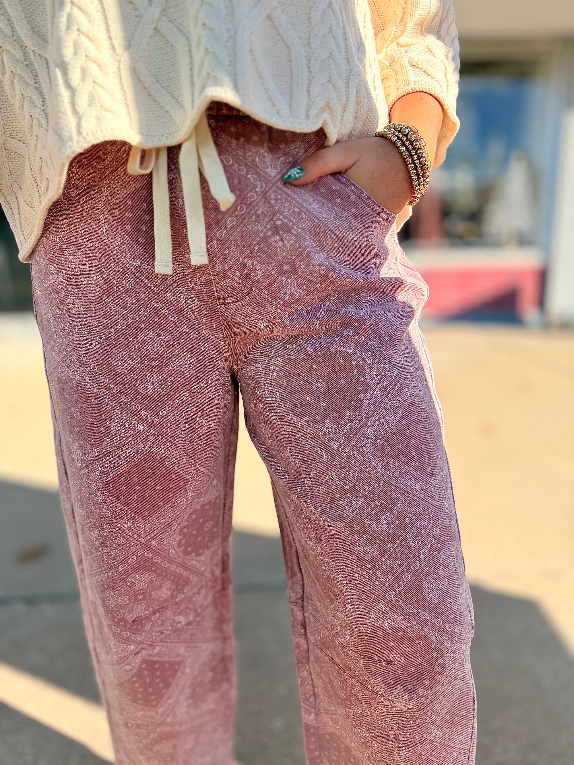 Pink Paisley Print Tie Waist Barrel Pants