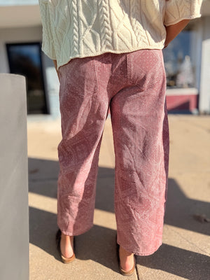 Pink Paisley Print Tie Waist Barrel Pants