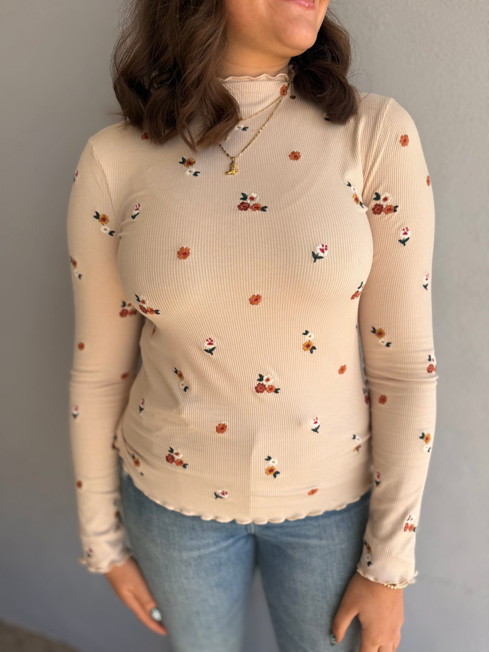 Cream Ribbed Top w/ Floral Embroidery