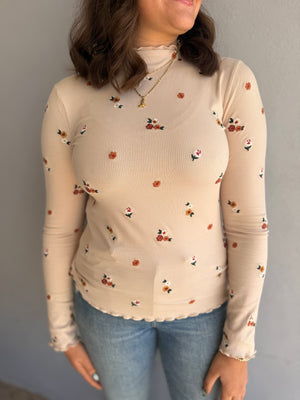 Cream Ribbed Top w/ Floral Embroidery