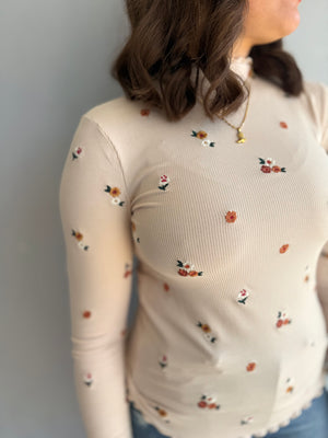 Cream Ribbed Top w/ Floral Embroidery