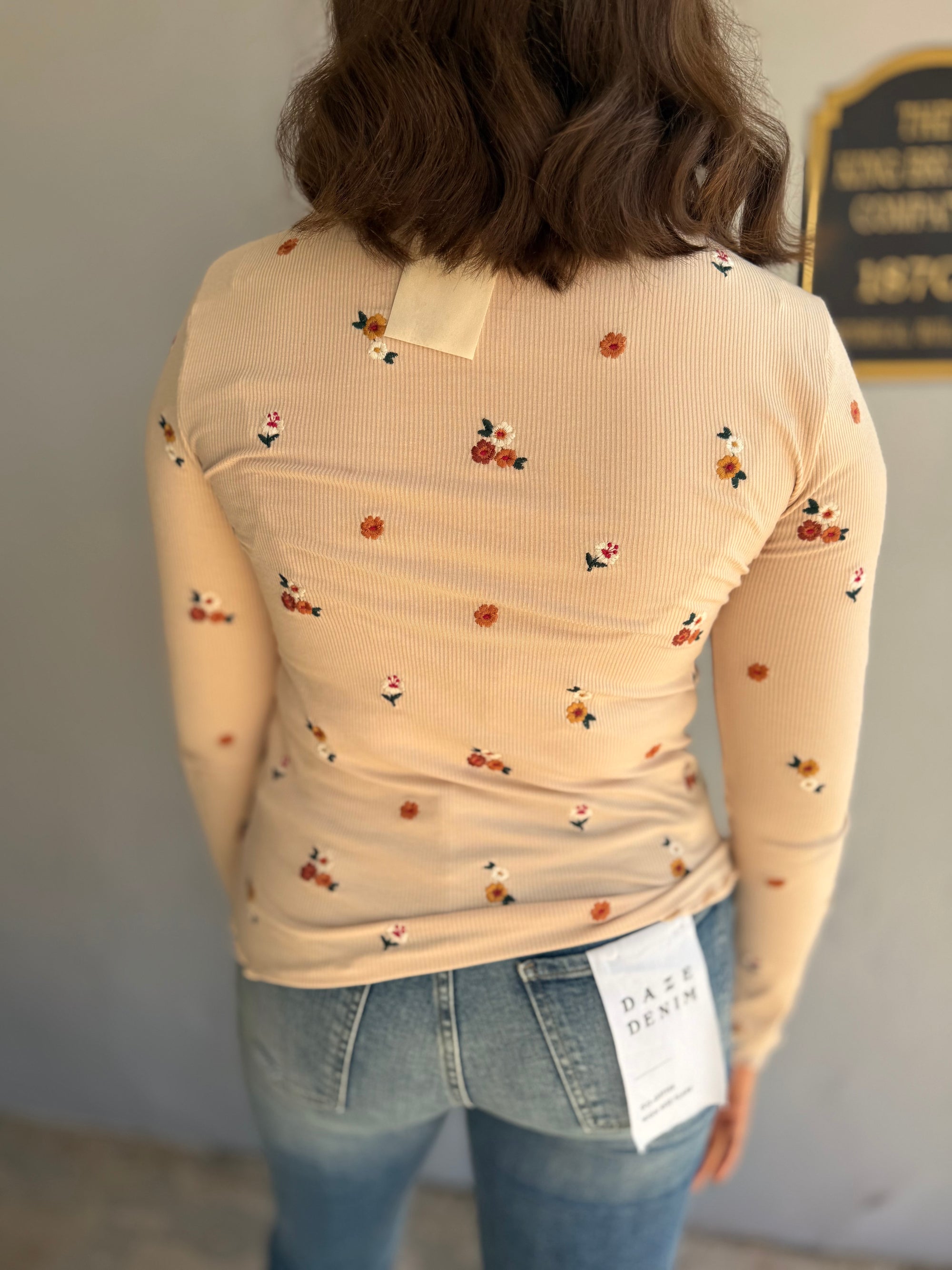 Cream Ribbed Top w/ Floral Embroidery