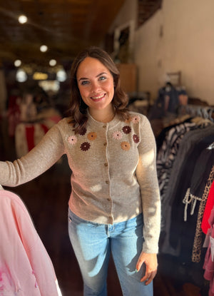 Taupe Floral Embroidered Button Down Cardigan