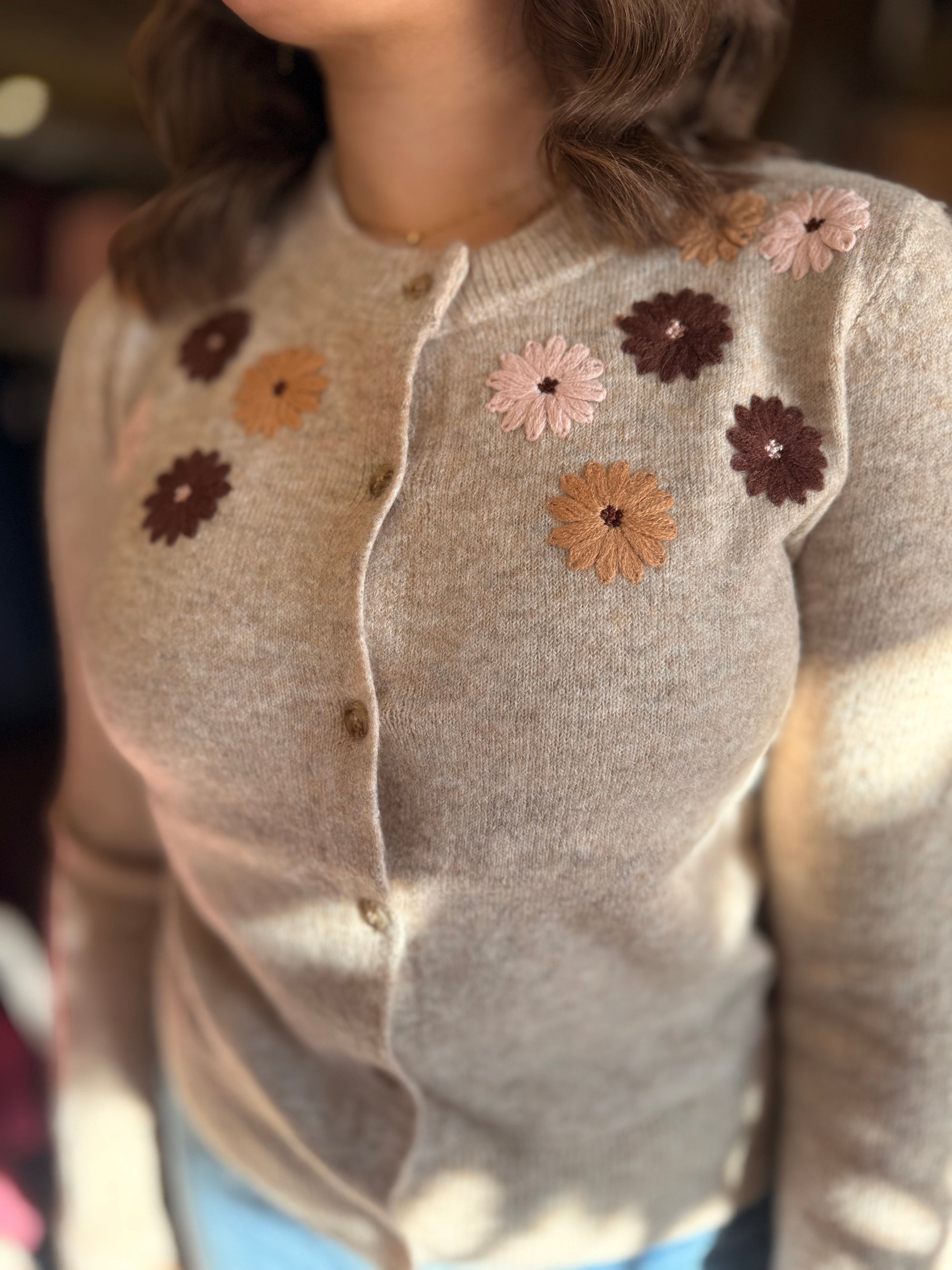 Taupe Floral Embroidered Button Down Cardigan