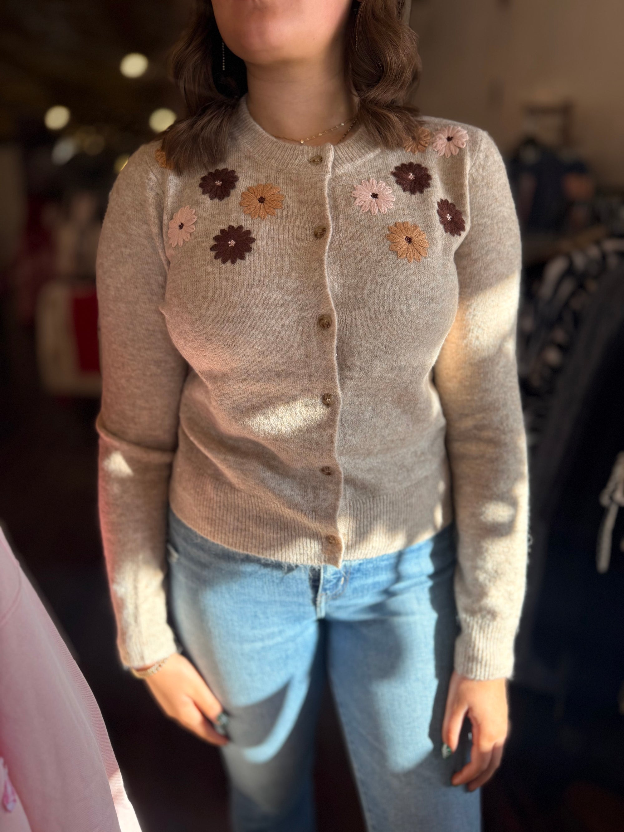 Taupe Floral Embroidered Button Down Cardigan
