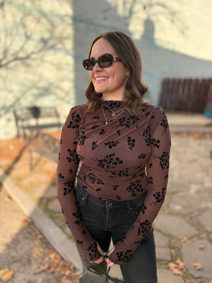 Chocolate High Neck Bodysuit w/ Black Velvet Florals