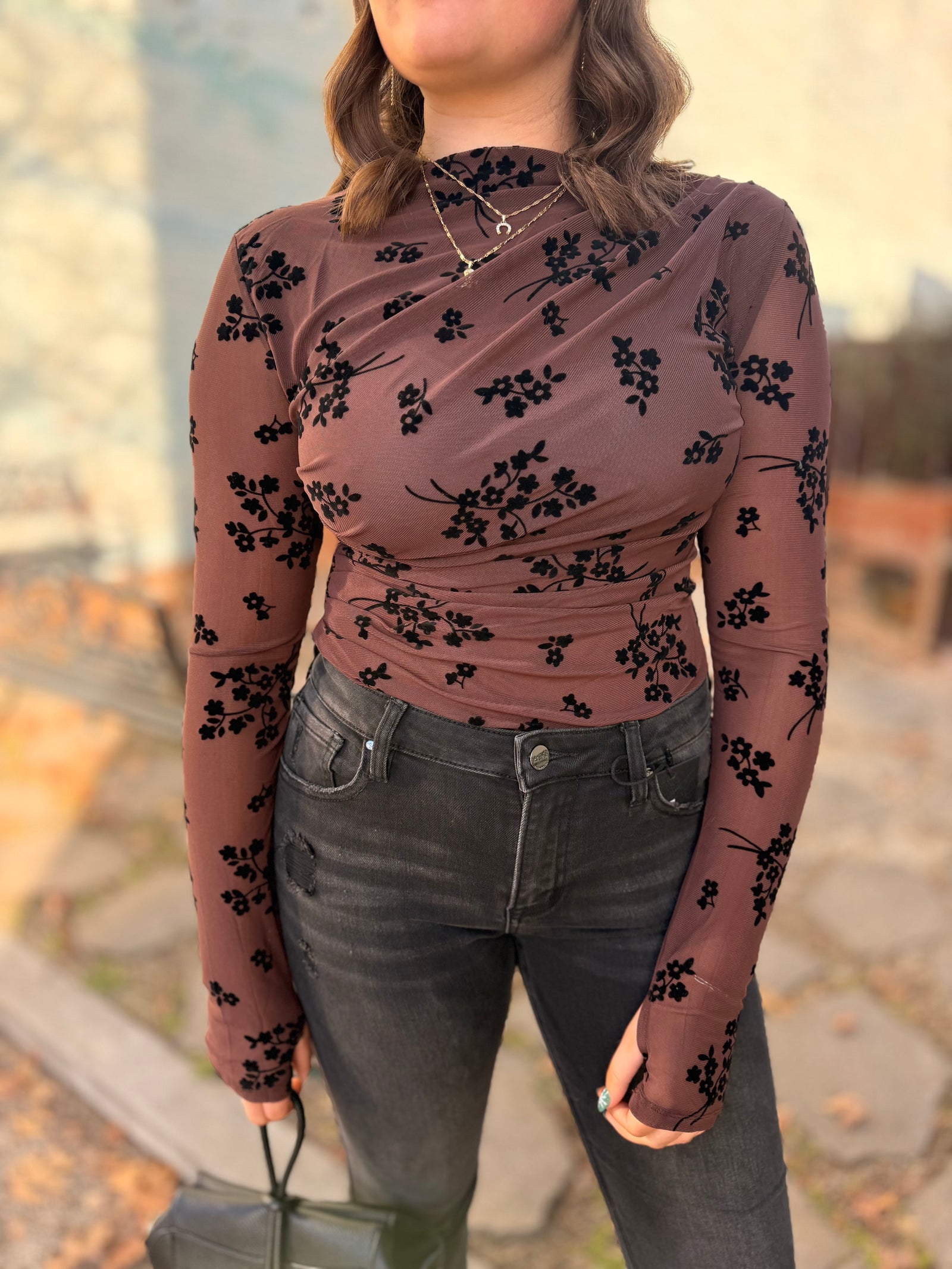 Chocolate High Neck Bodysuit w/ Black Velvet Florals