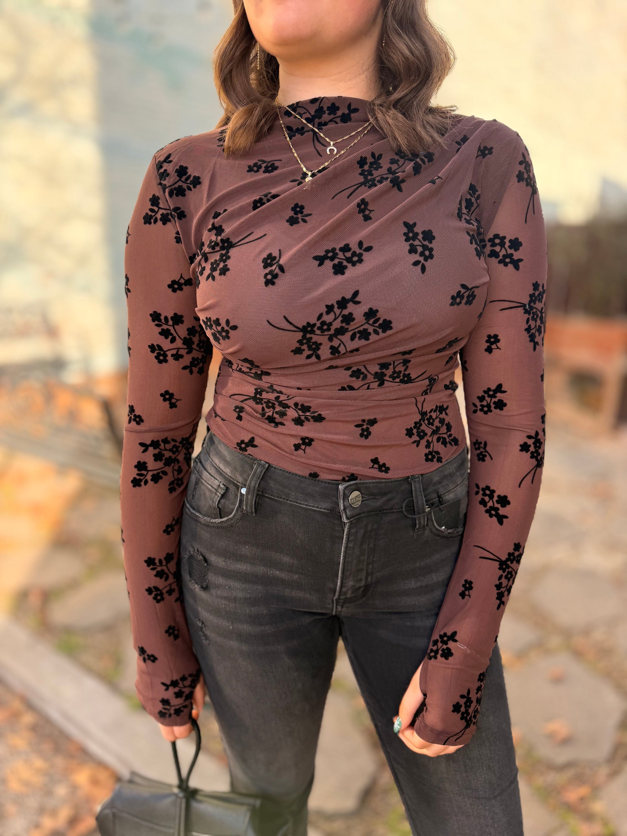 Chocolate High Neck Bodysuit w/ Black Velvet Florals