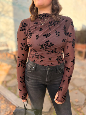 Chocolate High Neck Bodysuit w/ Black Velvet Florals