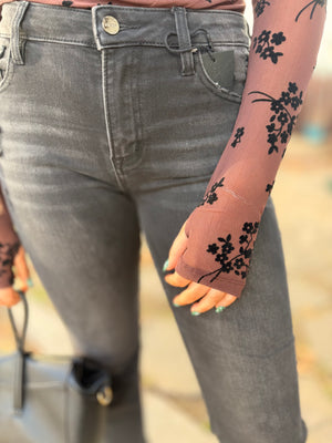 Chocolate High Neck Bodysuit w/ Black Velvet Florals