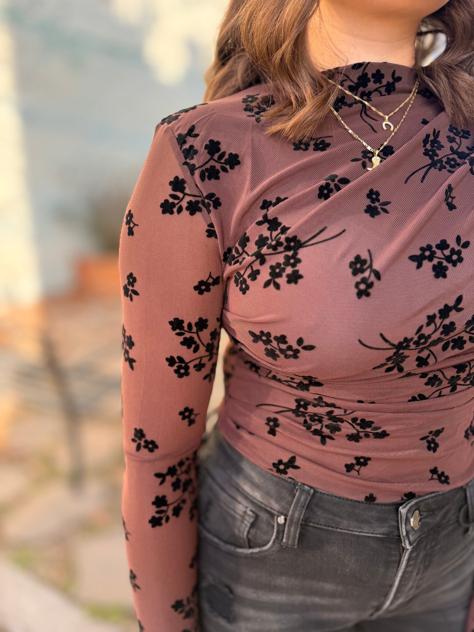 Chocolate High Neck Bodysuit w/ Black Velvet Florals