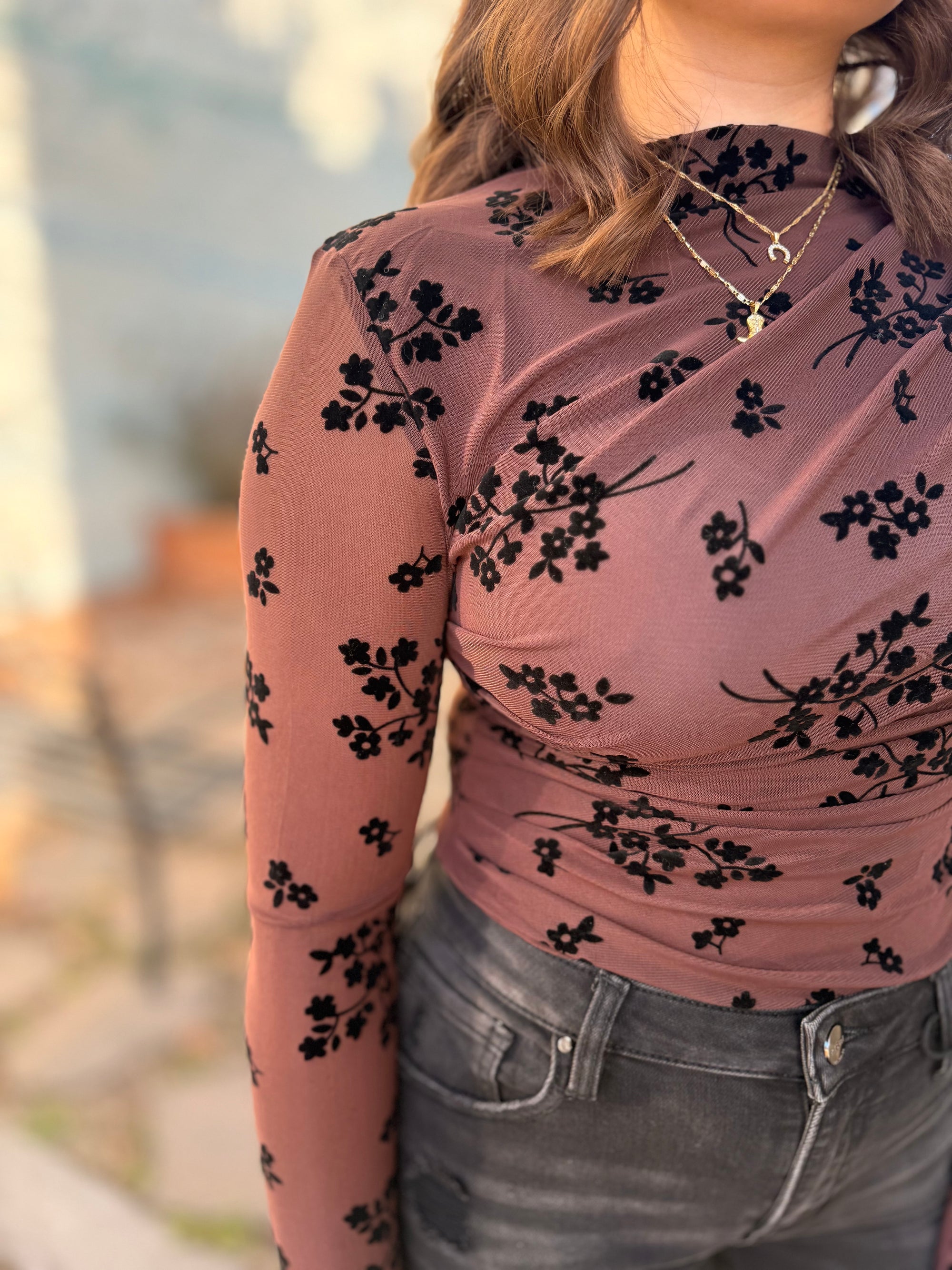 Chocolate High Neck Bodysuit w/ Black Velvet Florals