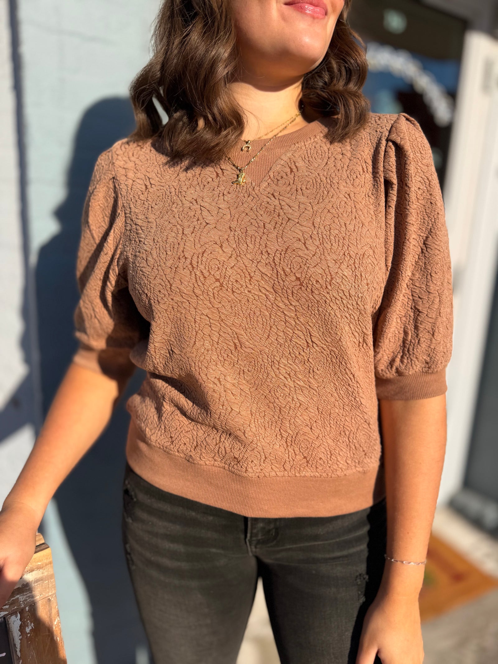 Mocha Floral Jacquard Short Sweatshirt