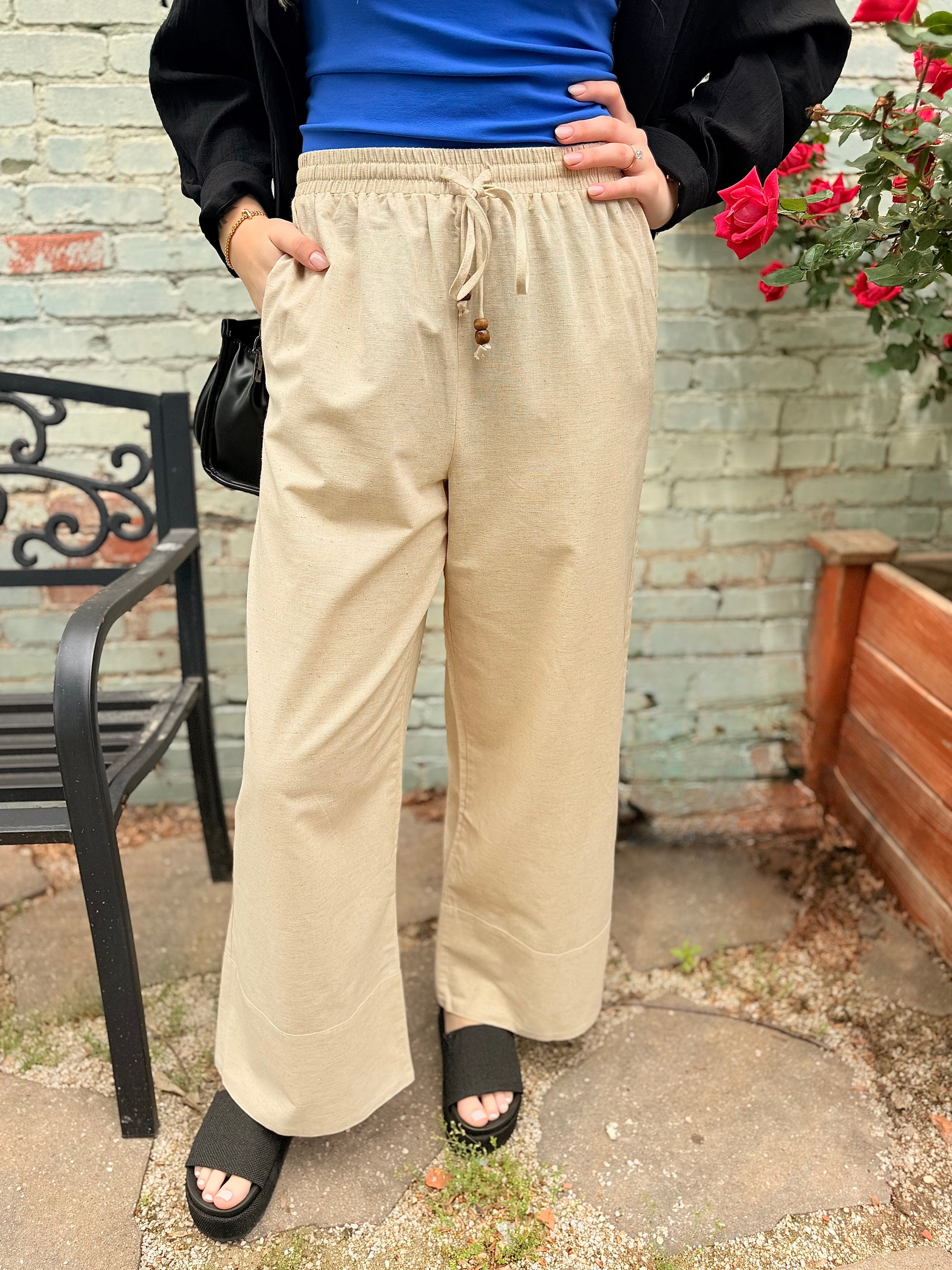 Oatmeal Wide Leg Pant w/ Bead Detail