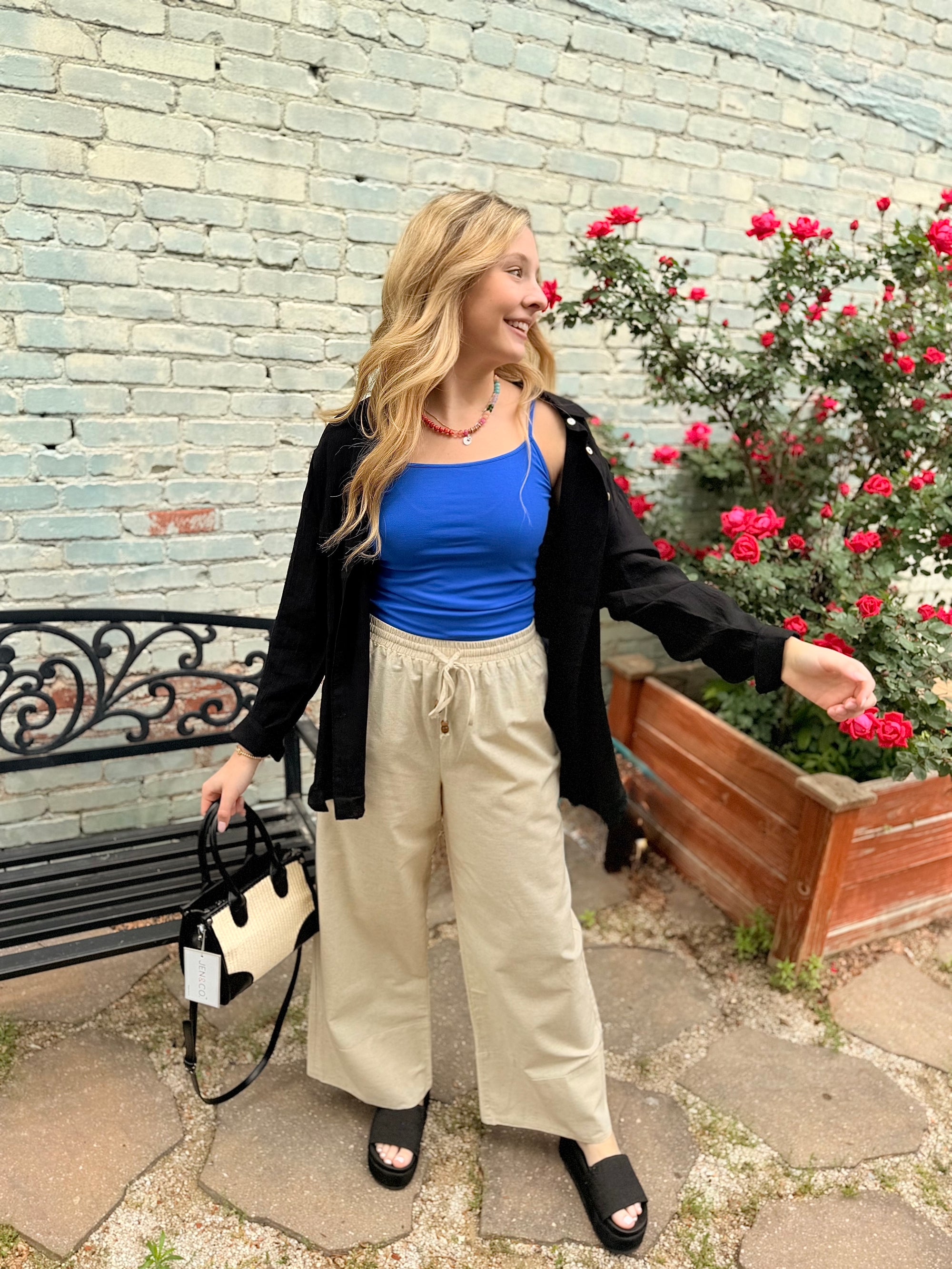 Oatmeal Wide Leg Pant w/ Bead Detail