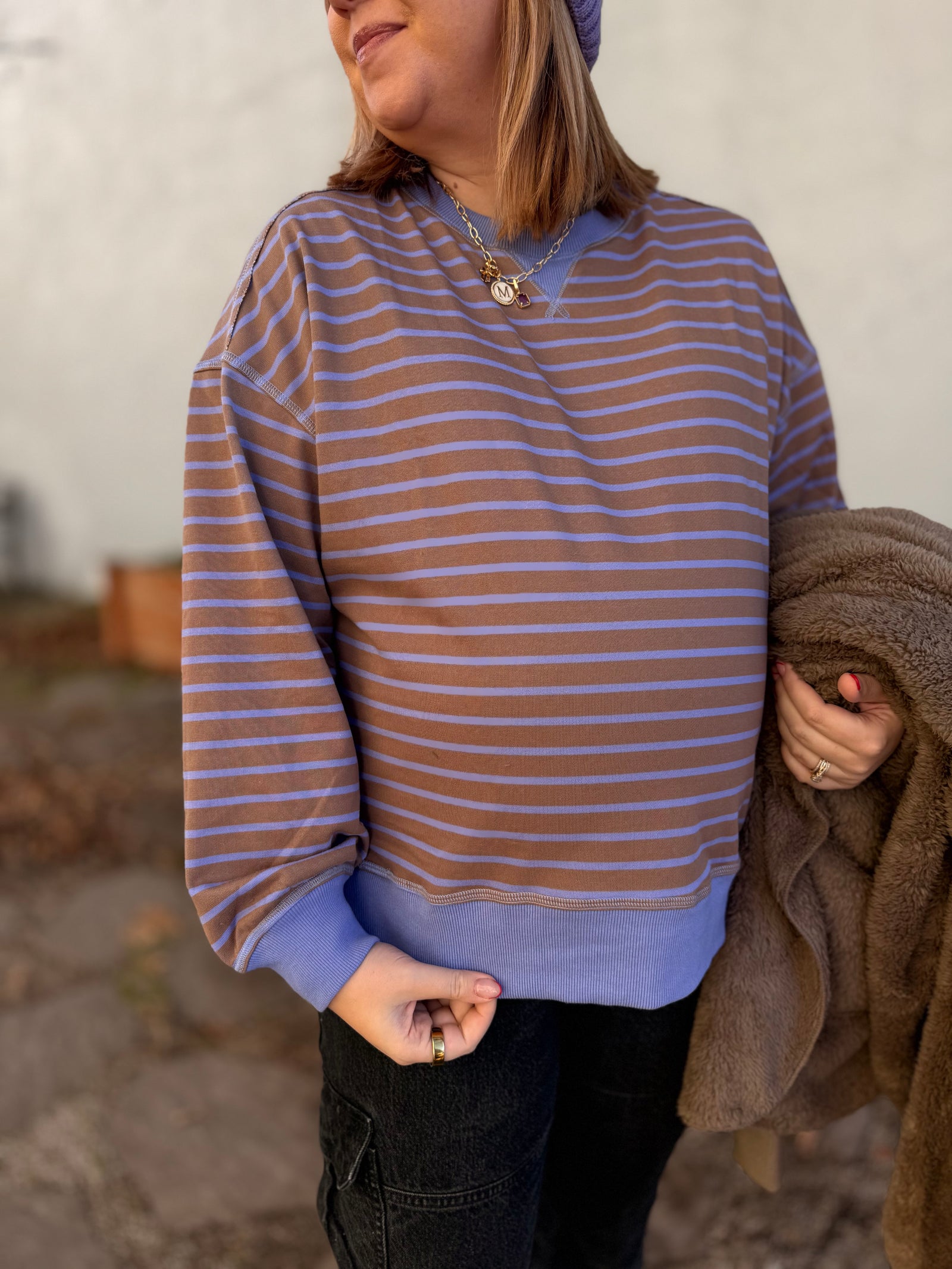Mocha + Lavender Stripe Long Sleeve Knit Top