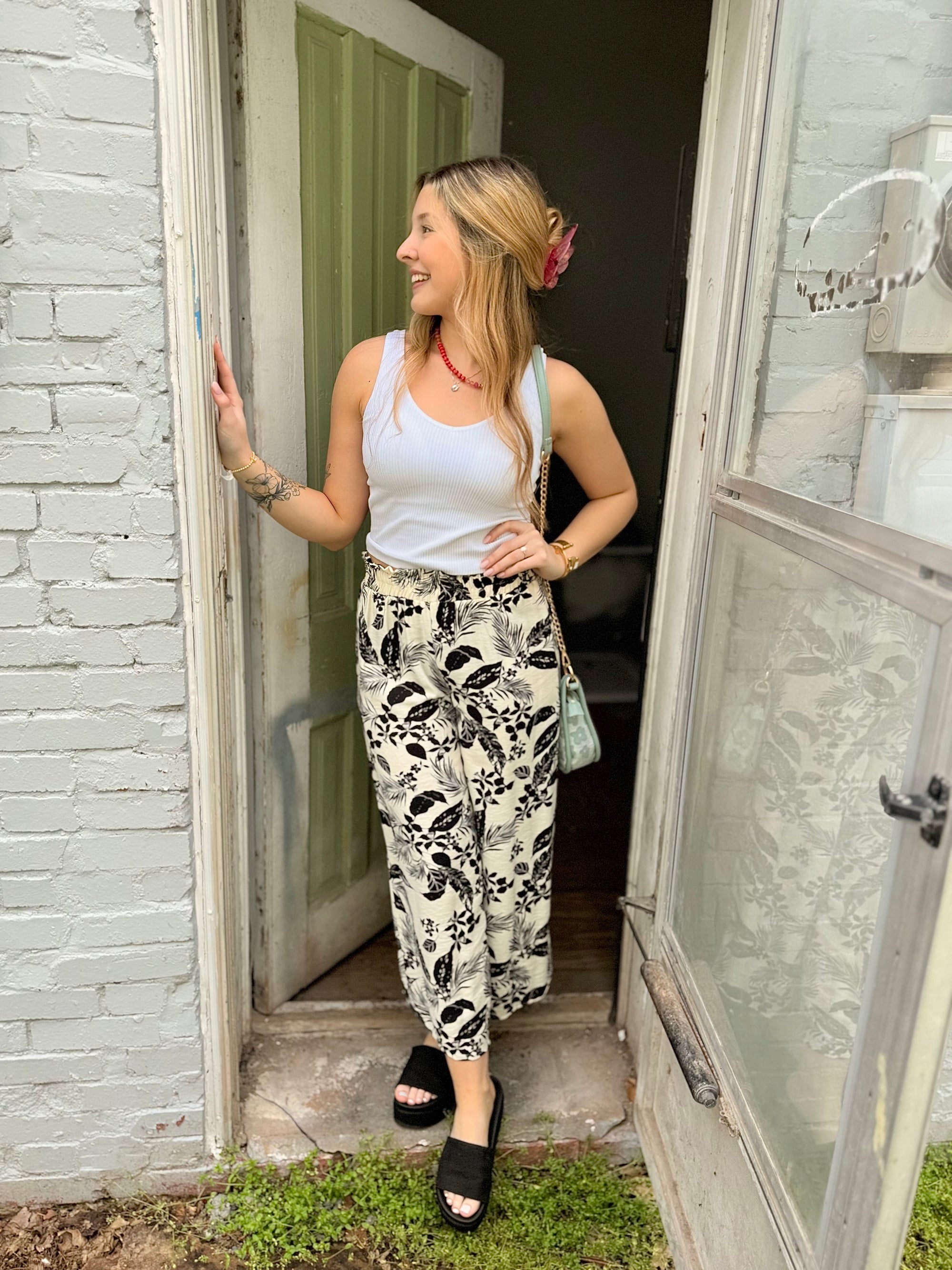 Black Tropical Print Wide Leg Pant