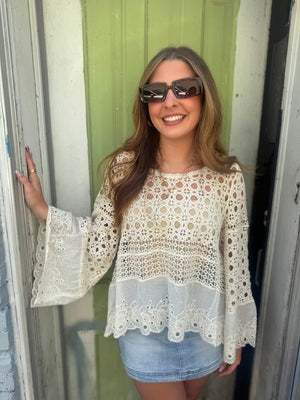 Pol Natural Long Sleeve Crochet Top