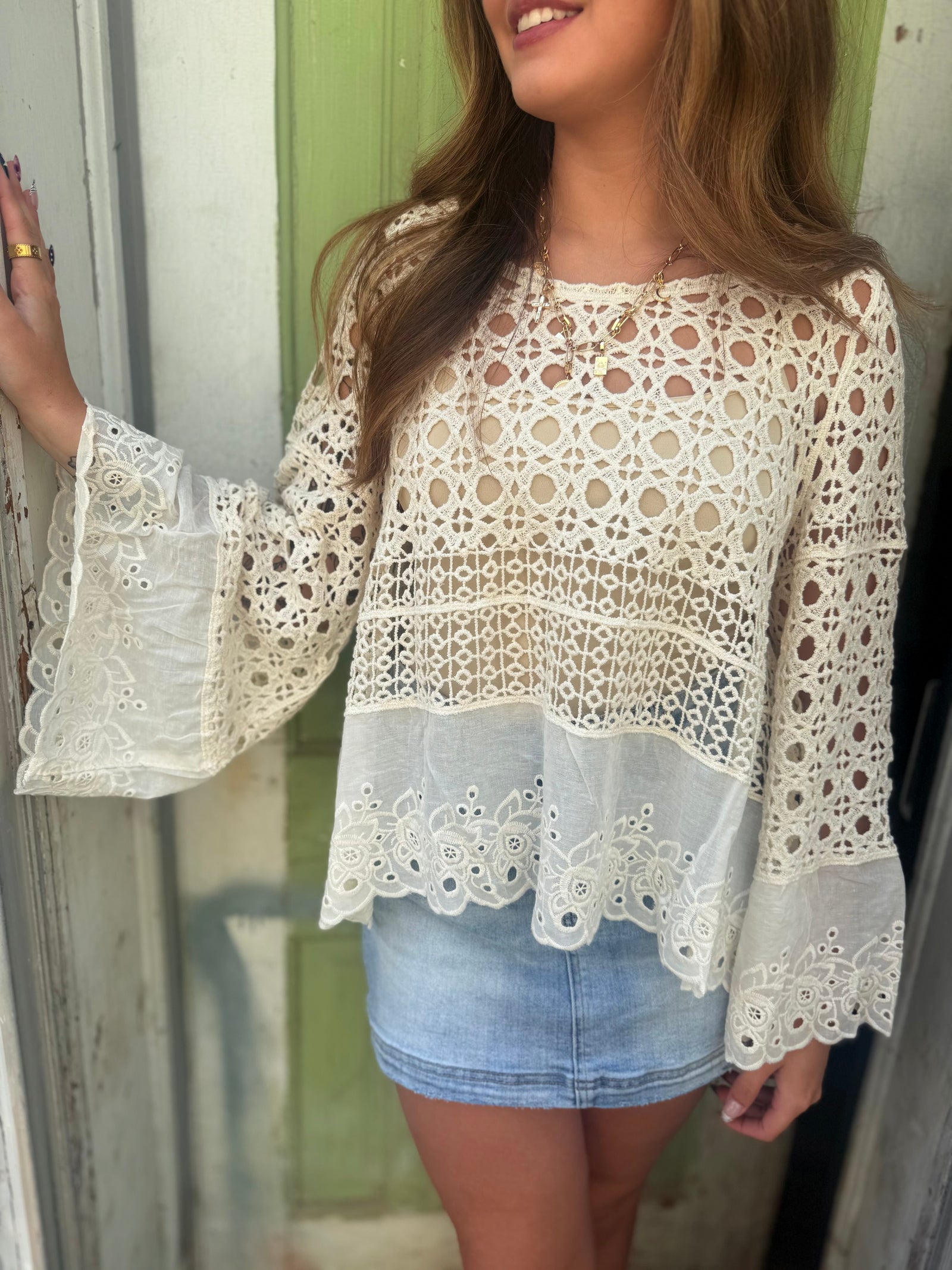 Pol Natural Long Sleeve Crochet Top