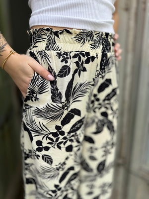 Black Tropical Print Wide Leg Pant
