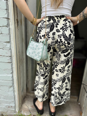 Black Tropical Print Wide Leg Pant