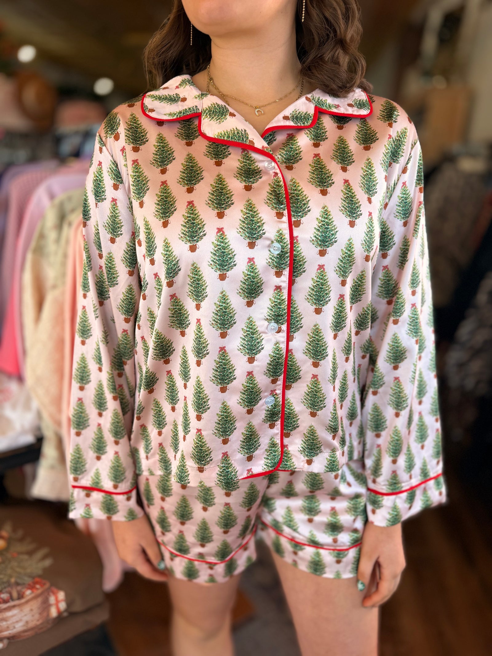 Rose Tree Print Satin Pajama Set