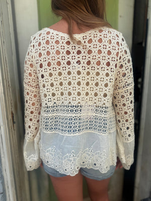 Pol Natural Long Sleeve Crochet Top