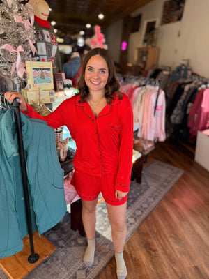 Red Stretch Knit Long Sleeve Top + Short Pajamas w/ Plaid Detail